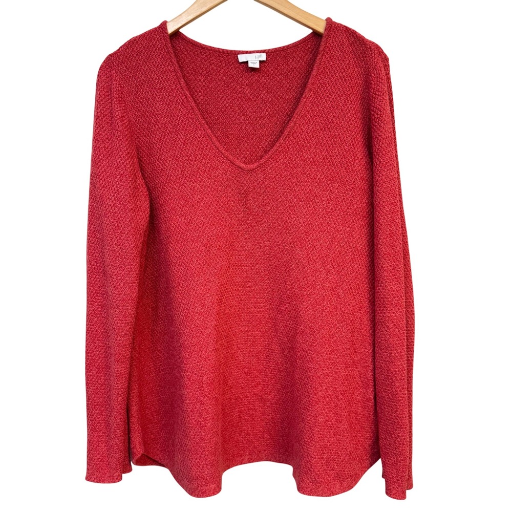 J. Jill Sweater Large Coral Red V-Neck Long Sleeve Cotton Blend Coastal Grandma